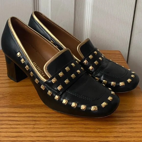 TORY BURCH Perfect Black/Dulce de Leche Leather Studded Loafers Pumps SZ 6.5 - Picture 1 of 15